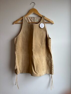 Ecru Tan Suede Lace-Up Sleeveless Tank Top